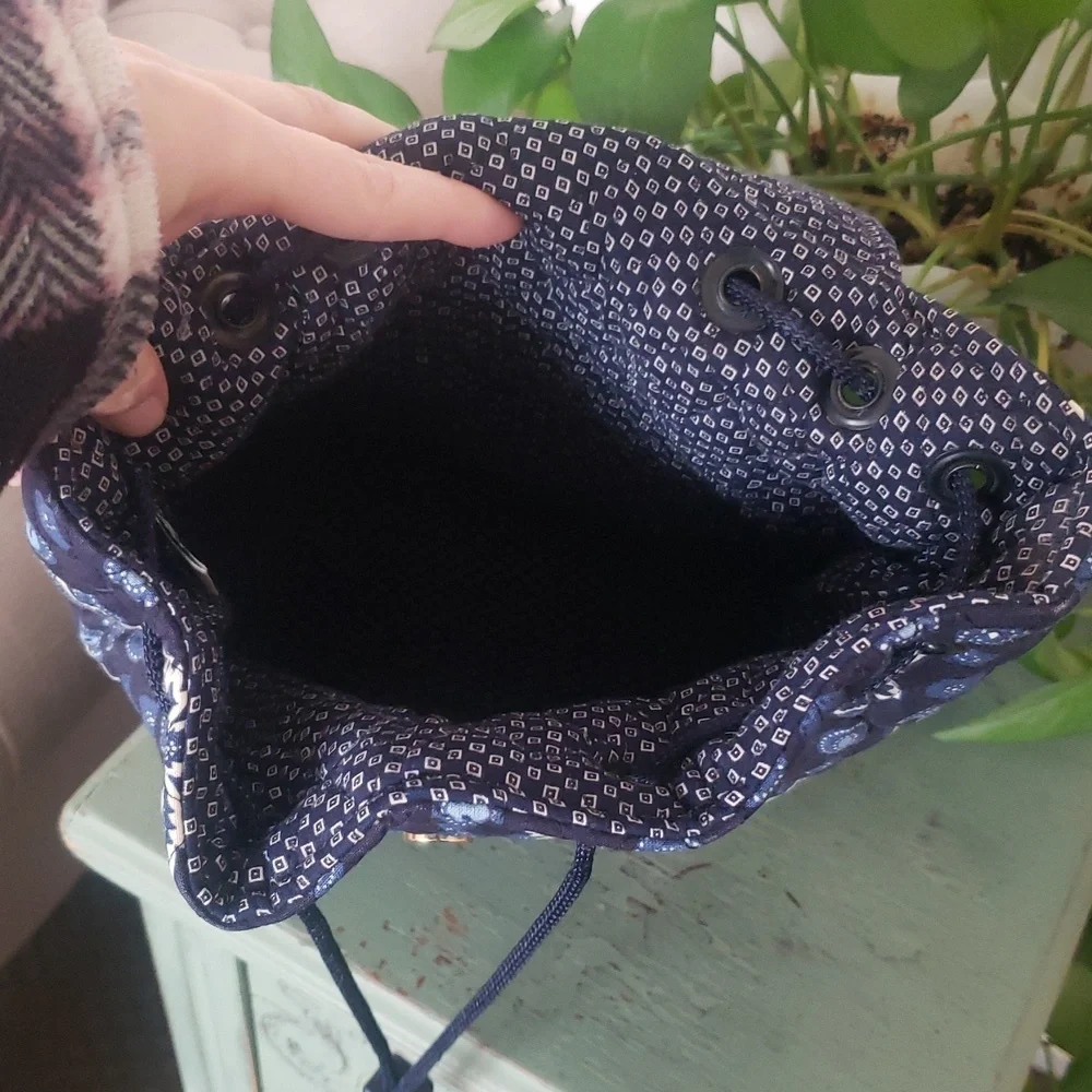 Vintage Vera Bradley Blue Coin Quilted Drawstring Backpack Bag